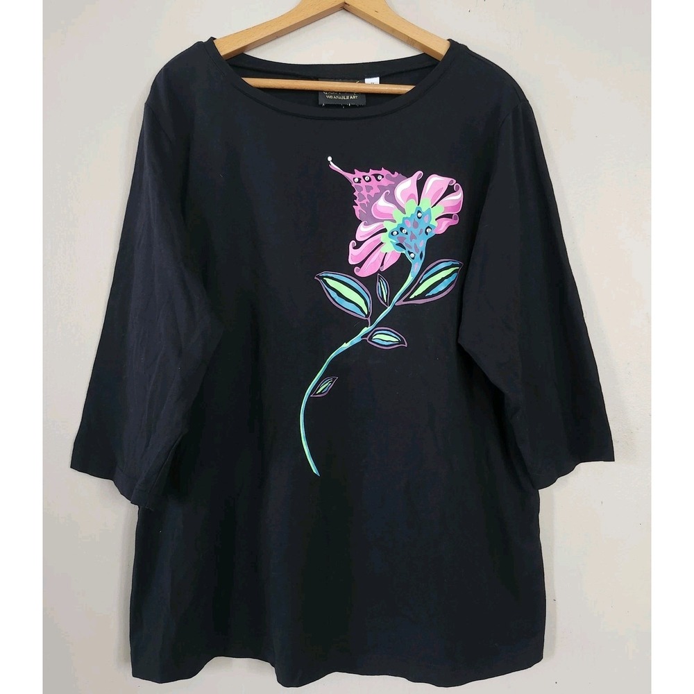 Bob Mackie Wearable Womens 1X Black Floral Print 3/4 Sleeve Top Shirt Rhinestone - Picture 1 of 5